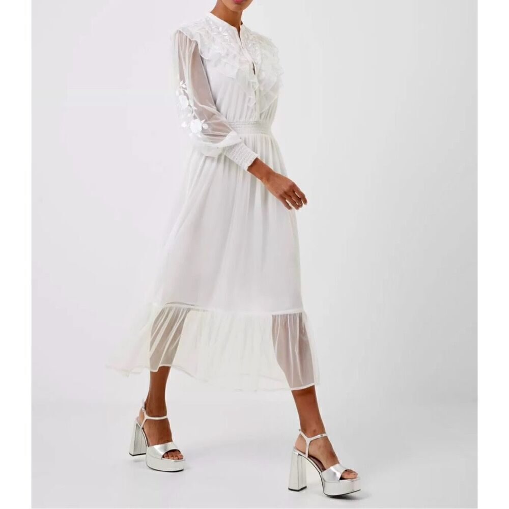 NWT French Connection Abra Embroidered Mesh Summer White Smock Waist Midi Dress
